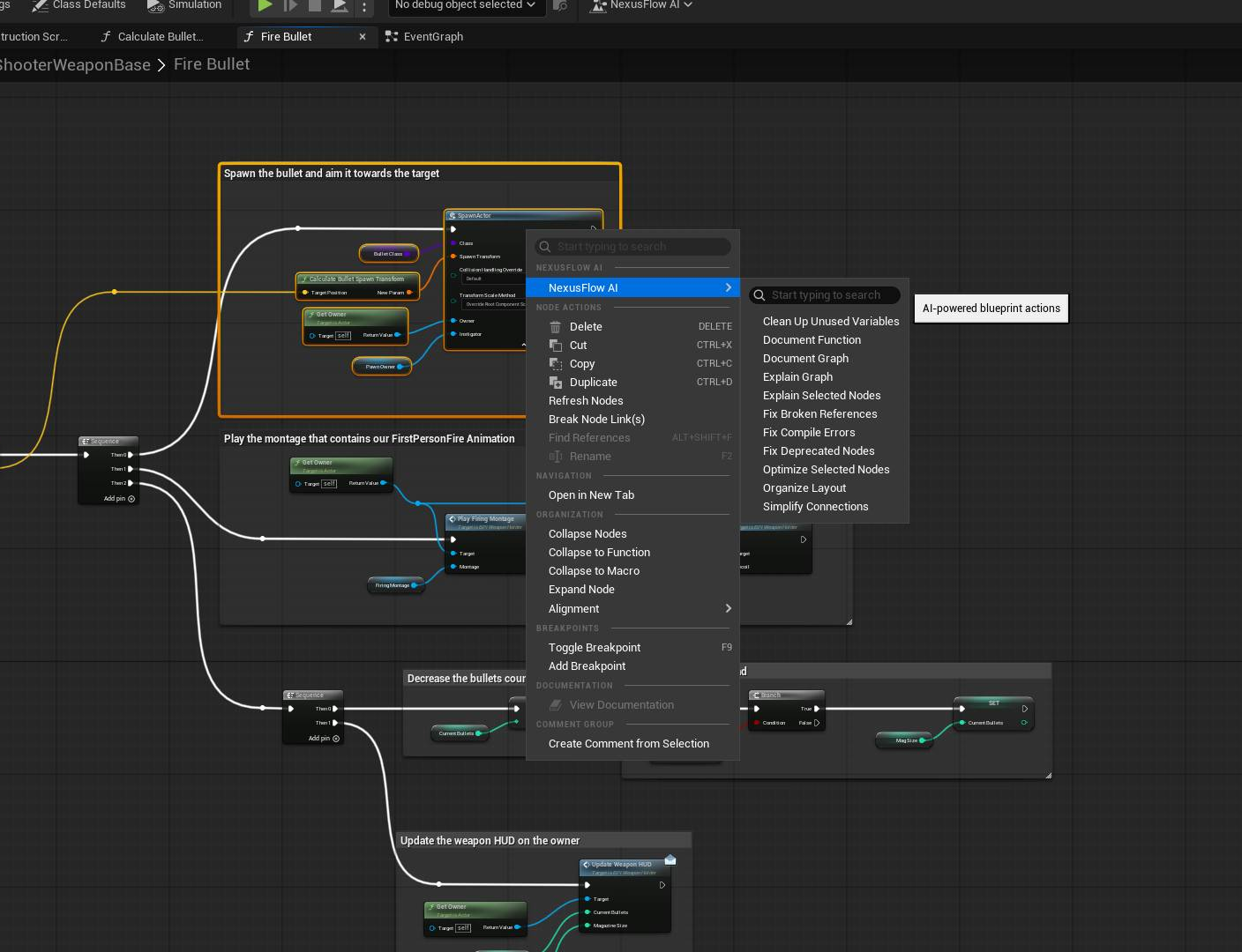 Blueprint Editor right-click showing NexusFlow AI submenu